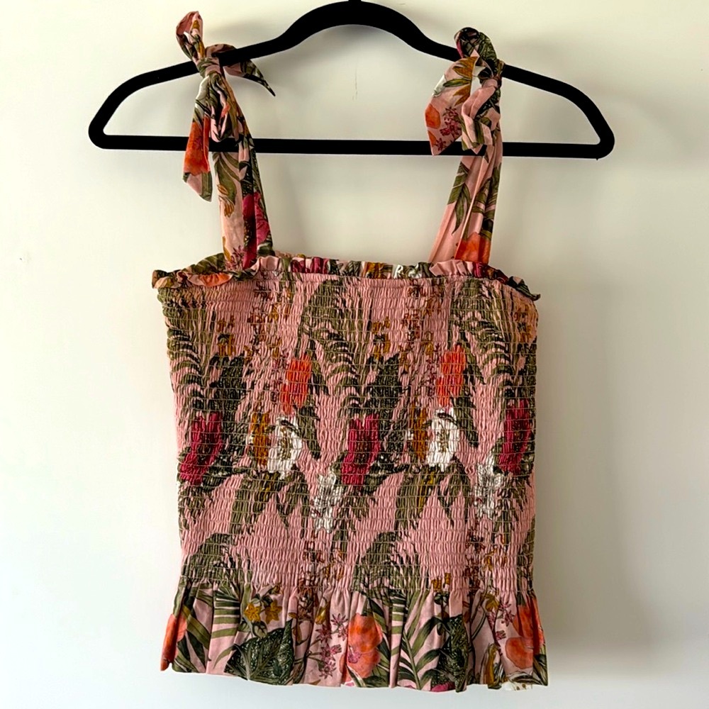 Rebecca Minkoff Tropical Print Smocked Tie Shoulder Tank Top, Small